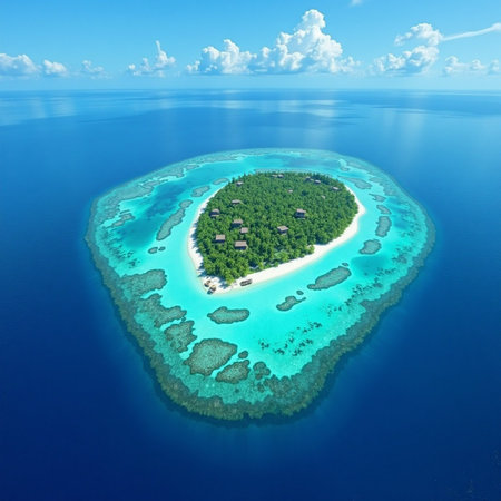 High-angle, full shot of a secluded tropical island in the turquoise ocean.の素材