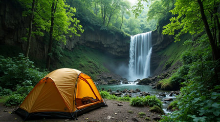 Serene camping adventure beside a majestic waterfall in lush green forest settingの素材