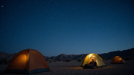 Cozy camping night with illuminated tents under a breathtaking starry sky and distant mountainsの素材