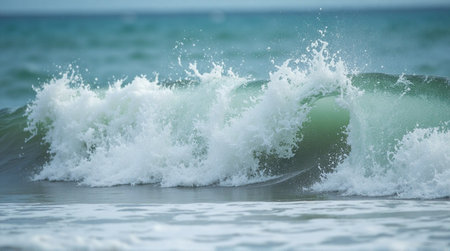 Dynamic wave crashing on shore spraying water drops in vibrant ocean view perfect for summer travel adsの素材