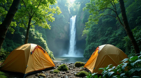 Serene forest camping adventure beside a majestic waterfall, nature's tranquility awaits.の素材