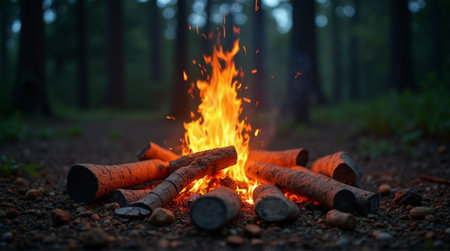 Cozy campfire crackling warmly in serene forest setting, evoking adventure and relaxationの素材
