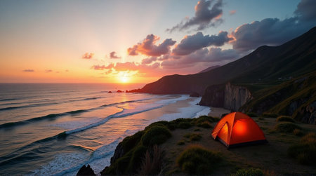Orange tent glows on cliff edge overlooking ocean waves at vibrant sunsetの素材