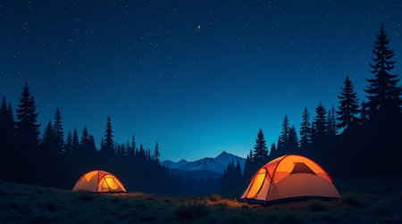 Magical night camping under starry skies, two cozy tents glow warmly in a serene forest landscapeの素材