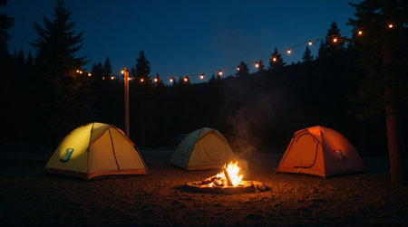 Cozy campsite glows with warm tents, crackling campfire, and festive string lights under starry night skyの素材