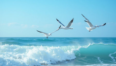 A vibrant image showcasing three seagulls in flight against a clear azure sky, over a turquoise ocean with a frothy wave crashing in the foreground.の素材