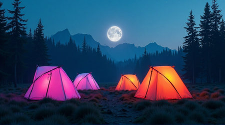 Vibrant tents glow under full moon in serene forest, magical camping adventure awaitsの素材