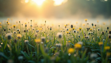 A beautiful close-up view of a meadow filled with wildflowers at sunrise.の素材