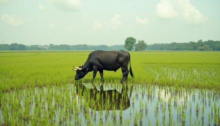 A black ox, its reflection visible in the placid water, grazes peacefully in a flooded rice paddy field.の素材