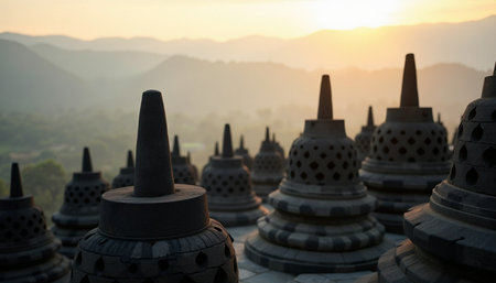 Close-up view of the ancient stone stupas at Borobudur Temple in Indonesia, bathed in the soft, golden light of sunrise.の素材