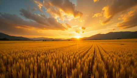 A breathtaking panorama of a vast wheat field bathed in the warm hues of a golden sunset.の素材