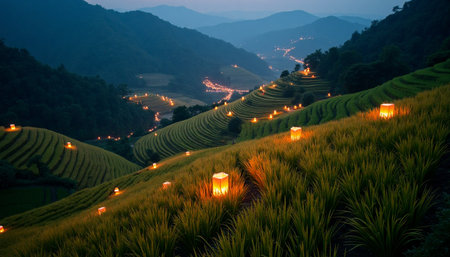 A breathtaking landscape view of meticulously terraced rice paddies at twilight.の素材