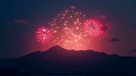 Dazzling pink fireworks explode across a twilight sky above silhouetted mountainsの素材