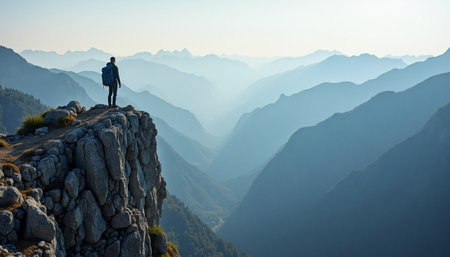 A hiker stands atop a rocky mountain peak, gazing out at a breathtaking vista of misty, pale blue mountains.の素材