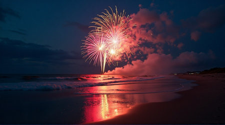 Stunning fireworks illuminate a dark beach scene with ocean waves reflecting vibrant colors at nightの素材