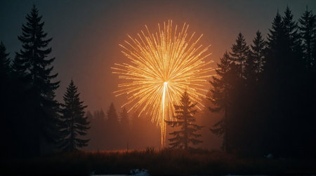 Stunning golden fireworks burst over dark pine forest creating magical festive atmosphereの素材