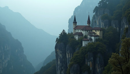 A serene and majestic monastery nestles atop a sheer cliff face, shrouded in a misty atmosphere.の素材