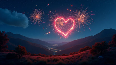Stunning fireworks heart illuminates the night sky over a serene valley town, celebrating romance and joy.の素材
