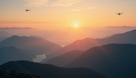 A breathtaking vista of mountain ranges bathed in the warm hues of a sunrise.の素材