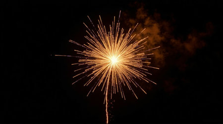 Exploding golden fireworks burst across the dark night sky, creating a spectacular display of light and celebration.の素材