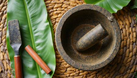 A top-down view of a rustic mortar and pestle set, resting on a woven placemat with large tropical leaves.の素材