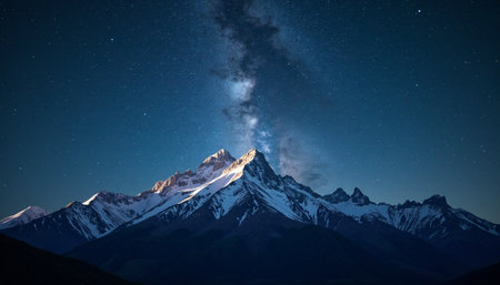 A breathtaking view of snow-covered mountain peaks silhouetted against a star-studded night sky.の素材