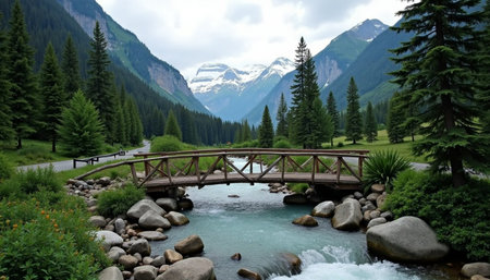 A charming wooden bridge spans a clear mountain stream, nestled within a vibrant alpine valley.の素材