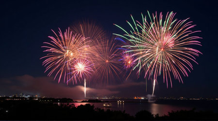 Vibrant fireworks explode across a dark night sky illuminating a distant city skyline and calm water belowの素材
