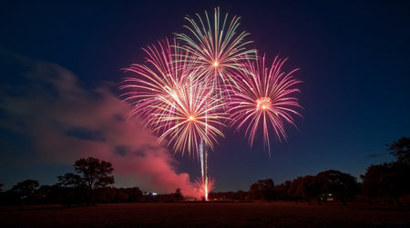 Vibrant fireworks explode across the night sky, celebrating a joyous occasion with dazzling light.の素材