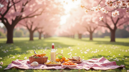 Enjoying a delightful spring picnic surrounded by blooming cherry blossom trees in a sun-drenched park.の素材