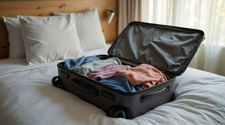 Effortlessly pack your suitcase for an exciting getaway filled with anticipation and adventure.の素材