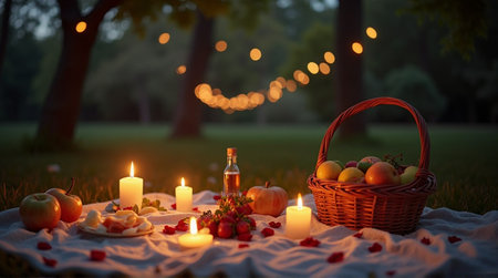 Romantic evening picnic with glowing candles, fresh fruit basket, and twinkling fairy lights in a serene park settingの素材