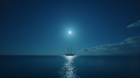 Sailboat glides across serene ocean under moonlight, a peaceful nautical adventure on the open seaの素材