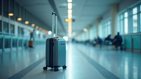 Modern suitcase waits in a blurred airport terminal, hinting at upcoming travel adventures and journeys ahead.の素材