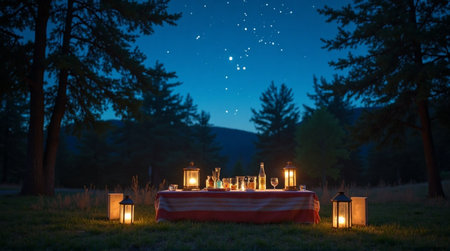 Magical starlit dinner setup with lanterns creates romantic ambiance in serene forest clearingの素材