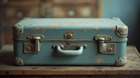 Vintage teal suitcase with weathered texture evokes timeless travel and nostalgic journeysの素材