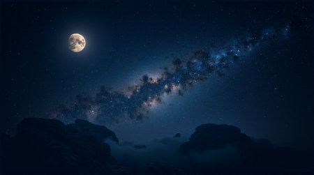 Breathtaking milky way and full moon casting magical light over majestic mountain landscape at nightの素材