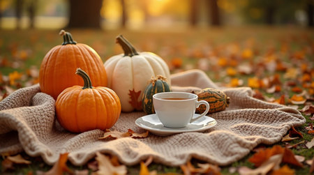 Cozy autumn scene with pumpkins, warm drink, and fallen leaves creating a peaceful, comforting atmosphereの素材