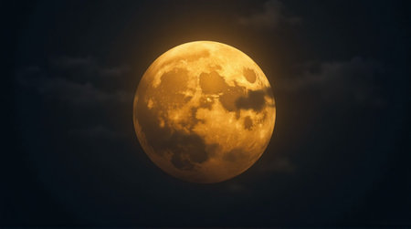 Eerie full moon with craters shines brightly through the dark cloudy sky, perfect for Halloween conceptsの素材