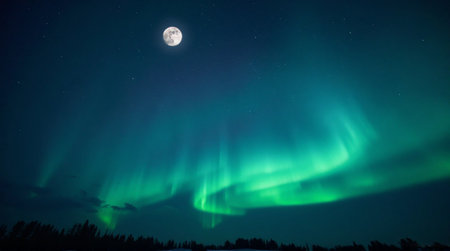 Witness the magic of Aurora Borealis under a radiant moonlit sky, a stunning natural phenomenonの素材