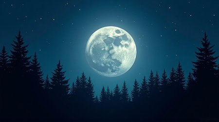 Experience the magic of a stunning full moon night over a serene forest landscape under a starry skyの素材