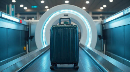 Sleek dark green suitcase travels through futuristic airport security scanner glowing blueの素材