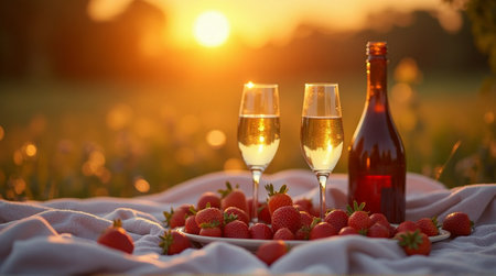 Romantic sunset picnic with champagne and strawberries, creating unforgettable memoriesの素材