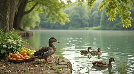 Ducks gather by tranquil lake with fresh fruit offering near lush green trees on sunny dayの素材