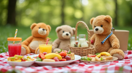 Three adorable teddy bears enjoy a delightful picnic spread in a sun-dappled green park settingの素材