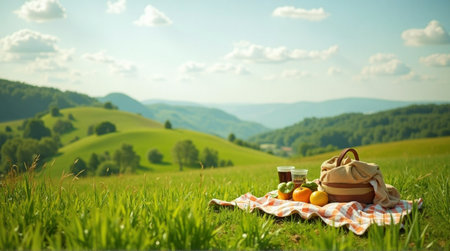 Enjoy a delightful summer picnic amidst rolling green hills under a bright blue skyの素材