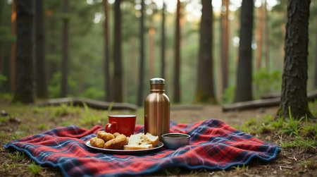 Enjoy a peaceful forest picnic with delicious food and warm drinks amidst nature's tranquilityの素材