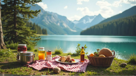 Serene lakeside picnic escape featuring delicious food and stunning mountain backdrop for ultimate relaxationの素材