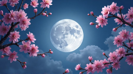 A serene and beautiful image showcasing a full moon bathed in a twilight sky, framed by blossoming pink cherry blossoms.の素材