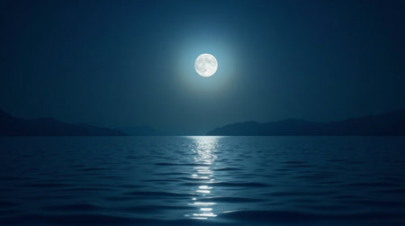 A breathtaking view of a full moon casting a tranquil glow over a still lake at night.の素材